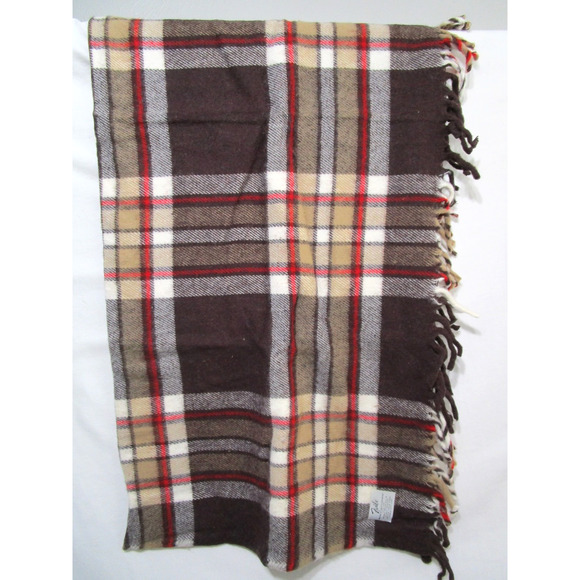 VTG Faribo Pak A Robe Brown & Red Plaid Wool Fringe Blanket 45" x 50" - Picture 5 of 7